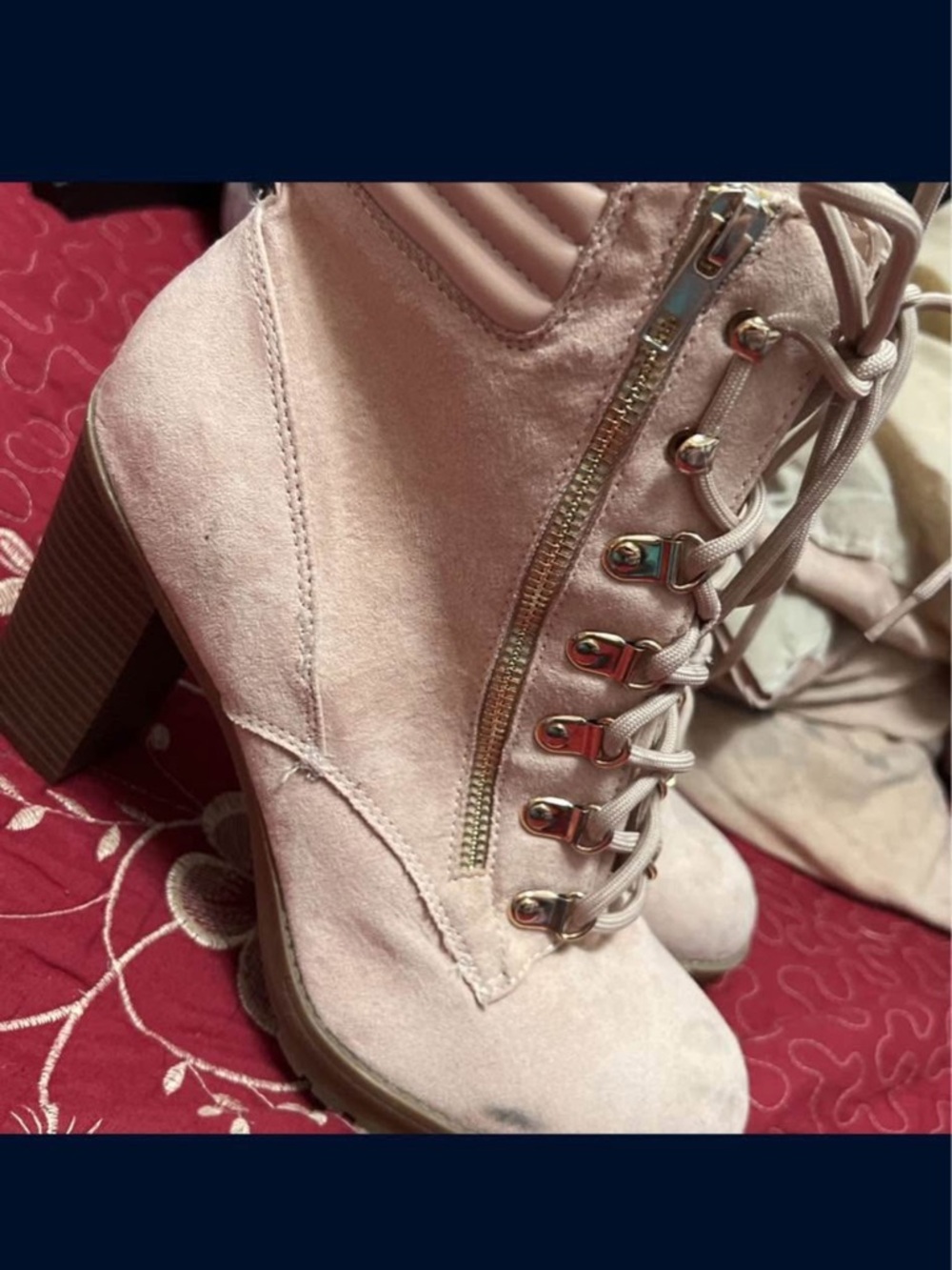 Women's Lace-Up Block Heel Bootie in Light Pink